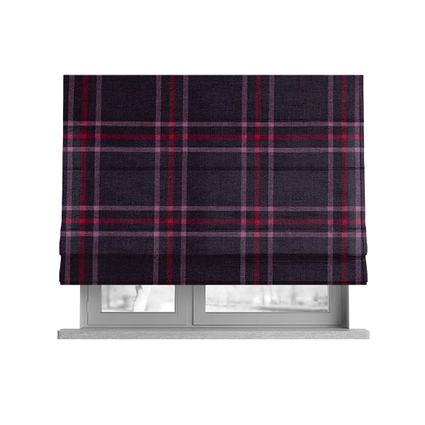 Shaldon Woven Tartan Pattern Upholstery Fabric In Purple Background With Red - Roman Blinds