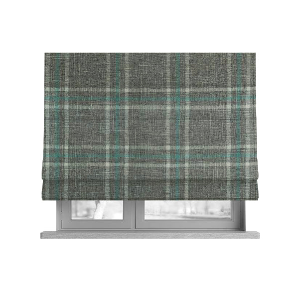 Shaldon Woven Tartan Pattern Upholstery Fabric In Silver Background With Blue - Roman Blinds