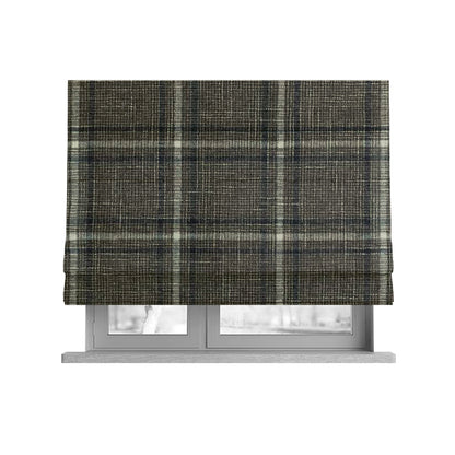 Shaldon Woven Tartan Pattern Upholstery Fabric In Brown Background With White - Roman Blinds