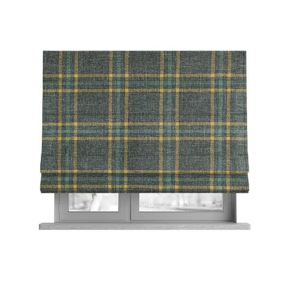 Shaldon Woven Tartan Pattern Upholstery Fabric In Grey Blue Background With Yellow - Roman Blinds