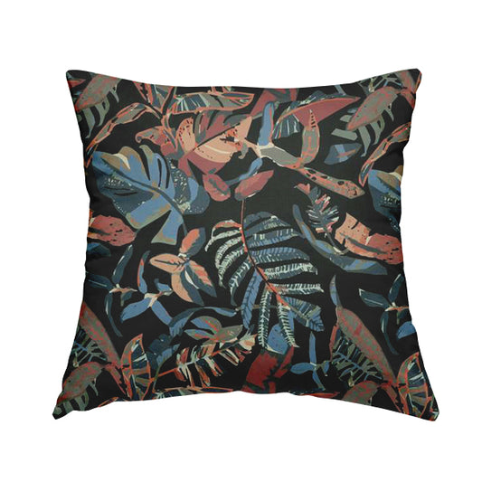 Colony Jungle Leafs Pattern Printed Velveteen Black Colour Upholstery Curtains Fabric - Handmade Cushions