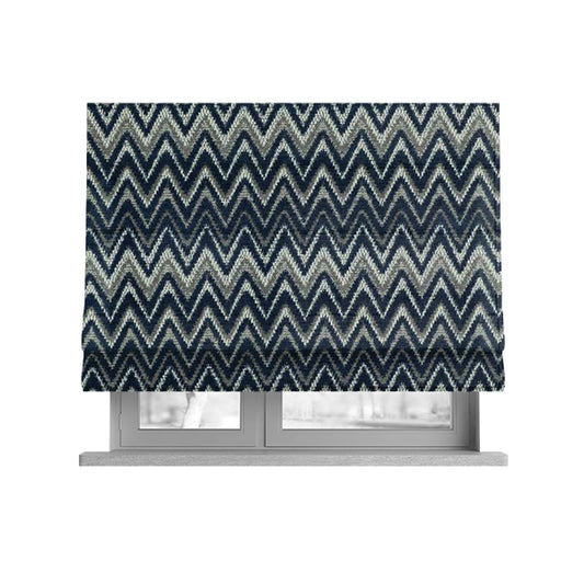 Zanzibar Chevron Pattern Soft Textured Chenille Material Blue Colour Upholstery Fabrics - Roman Blinds