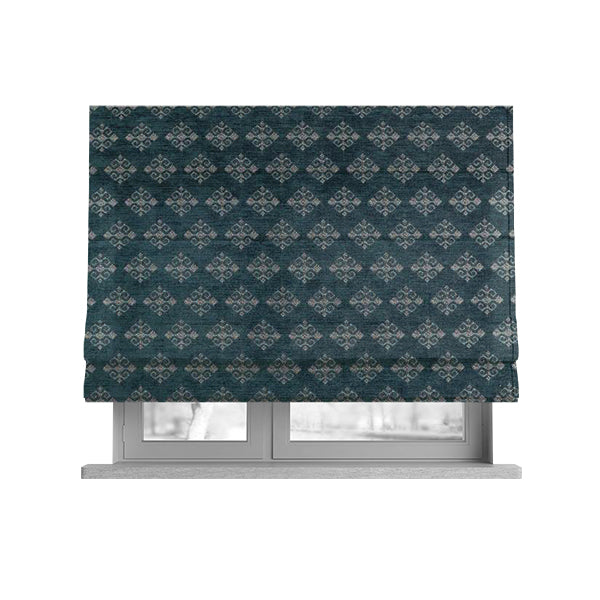 Jaipur Designer Diamond Pattern In Blue Silver Colour Furnishing Fabric CTR-02 - Roman Blinds