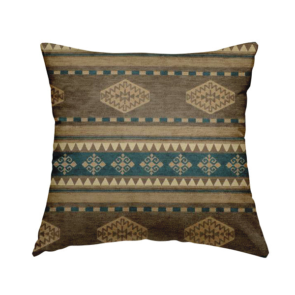 Jaipur Designer Kilim Aztec Pattern With Stripes In Brown Teal Gold Colour Furnishing Fabric CTR-03 - Handmade Cushions