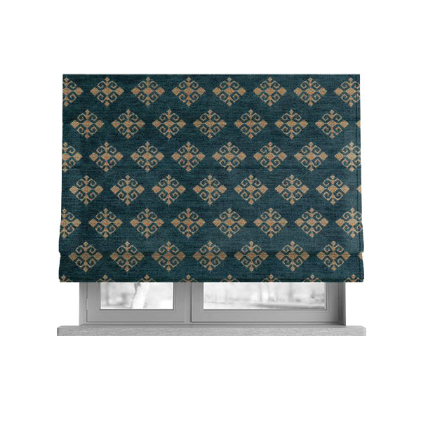 Jaipur Designer Diamond Pattern In Blue Gold Colour Furnishing Fabric CTR-04 - Roman Blinds