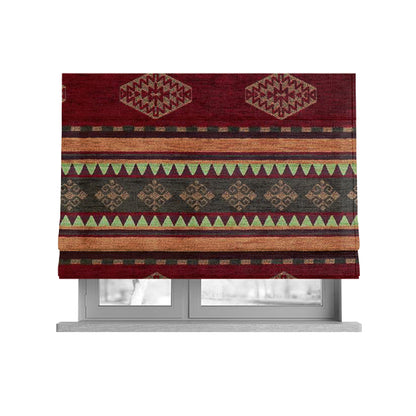 Jaipur Designer Kilim Aztec Pattern With Stripes In Red Gold Green Colour Furnishing Fabric CTR-05 - Roman Blinds