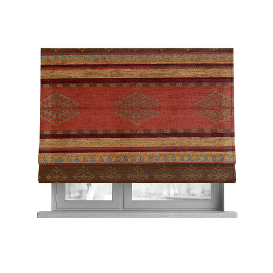 Jaipur Designer Kilim Aztec Pattern With Stripes In Orange Red Gold Colour Furnishing Fabric CTR-07 - Roman Blinds