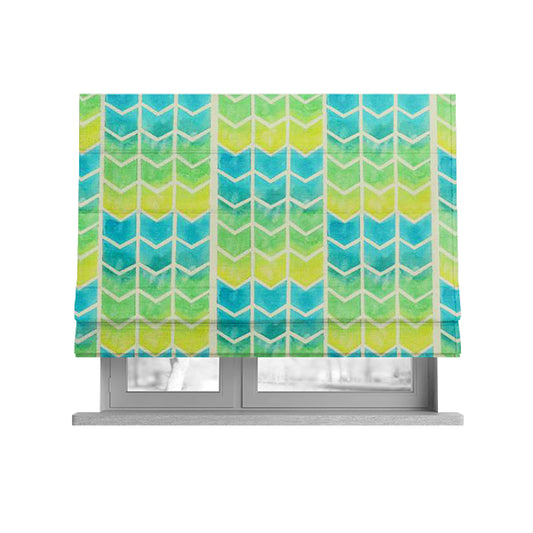 Freedom Printed Velvet Fabric Collection Chevron Pattern In Blue Green Colours Upholstery Fabric CTR-57 - Roman Blinds