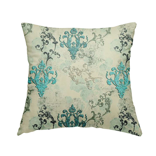 Freedom Printed Velvet Fabric Collection Damask Pattern In Blue Colour Upholstery Fabric CTR-61 - Handmade Cushions