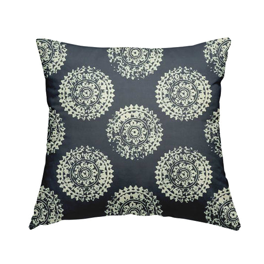 Freedom Printed Velvet Fabric Collection Round Ancient Pattern In Blue Colour Upholstery Fabric CTR-72 - Handmade Cushions
