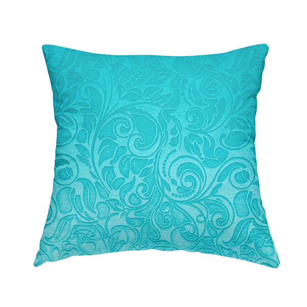 Delight Shiny Floral Embossed Pattern Velvet Fabric In Teal Blue Colour Upholstery Fabric CTR-100 - Handmade Cushions