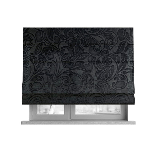 Delight Shiny Floral Embossed Pattern Velvet Fabric In Black Colour Upholstery Fabric CTR-101 - Roman Blinds