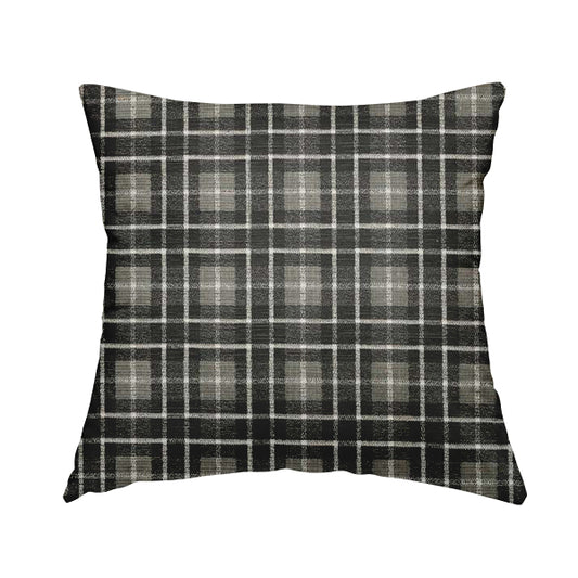 Ketu Collection Of Woven Chenille Checked Tartan Black Grey Colour Furnishing Fabrics CTR-122 - Handmade Cushions