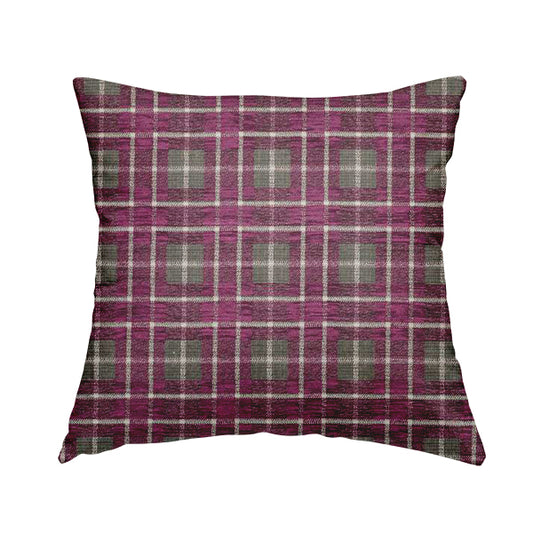 Ketu Collection Of Woven Chenille Checked Tartan Pink Colour Furnishing Fabrics CTR-125 - Handmade Cushions