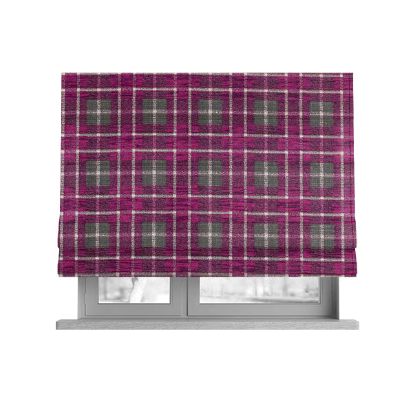 Ketu Collection Of Woven Chenille Checked Tartan Fuchsia Pink Colour Furnishing Fabrics CTR-128 - Roman Blinds