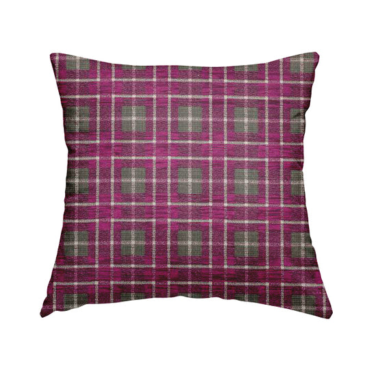 Ketu Collection Of Woven Chenille Checked Tartan Fuchsia Pink Colour Furnishing Fabrics CTR-128 - Handmade Cushions