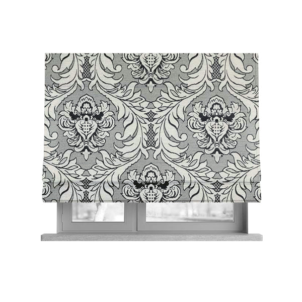 Sultan Collection Damask Pattern Silver Shine Effect Grey Black Colour Upholstery Fabric CTR-131 - Roman Blinds