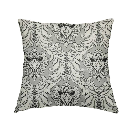 Sultan Collection Damask Pattern Silver Shine Effect Grey Black Colour Upholstery Fabric CTR-131 - Handmade Cushions
