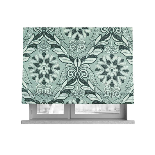 Sultan Collection Damask Floral Pattern Silver Shine Effect Teal Green Colour Upholstery Fabric CTR-140 - Roman Blinds