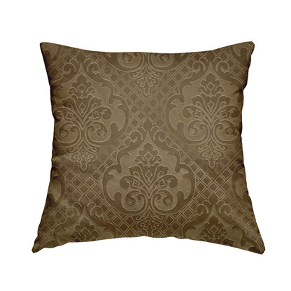 Alvaro Velveteen Embossed Damask Pattern Upholstery Curtains Fabric In Brown Velvet Colour - Handmade Cushions