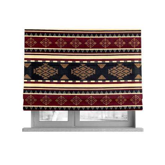 Anthropology Kilim Pattern Fabric In Burgundy Black Gold Colour Upholstery Furnishing Fabric CTR-147 - Roman Blinds