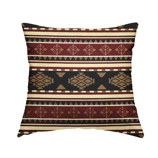 Anthropology Kilim Pattern Fabric In Burgundy Black Gold Colour Upholstery Furnishing Fabric CTR-147 - Handmade Cushions