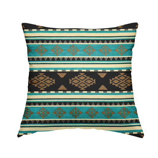 Anthropology Kilim Pattern Fabric In Teal Blue Black Gold Colour Upholstery Furnishing Fabric CTR-148 - Handmade Cushions