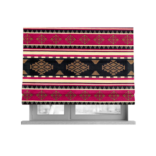 Anthropology Kilim Pattern Fabric In Pink Black Gold Colour Upholstery Furnishing Fabric CTR-149 - Roman Blinds