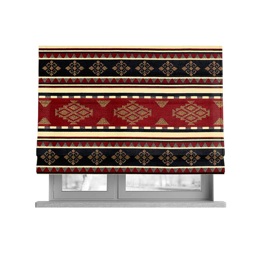 Anthropology Kilim Pattern Fabric In Red Black Gold Colour Upholstery Furnishing Fabric CTR-150 - Roman Blinds