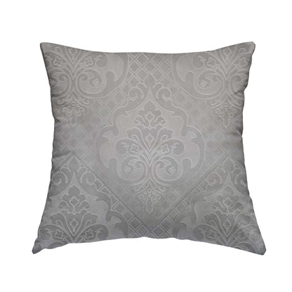 Alvaro Velveteen Embossed Damask Pattern Upholstery Curtains Fabric In Silver Velvet Colour - Handmade Cushions