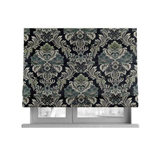 Legacy Damask Collection Exotic Rich Floral Pattern Black Blue Green Colour Upholstery Fabric CTR-153 - Roman Blinds