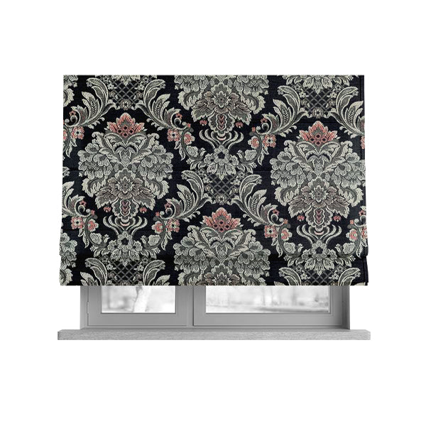 Legacy Damask Collection Exotic Rich Floral Pattern Black Grey Pink Colour Upholstery Fabric CTR-154 - Roman Blinds