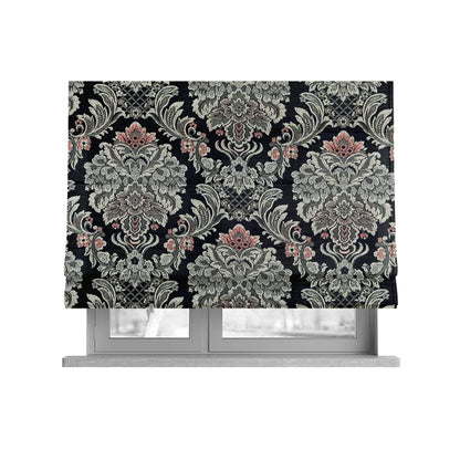 Legacy Damask Collection Exotic Rich Floral Pattern Black Grey Pink Colour Upholstery Fabric CTR-154 - Roman Blinds