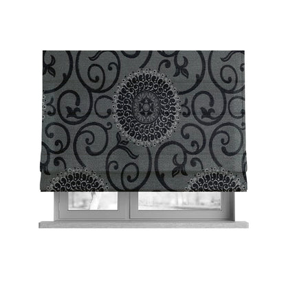 Anthozoa Collection Round Floral Shiny Finish Pattern In Black Upholstery Fabric CTR-157 - Roman Blinds