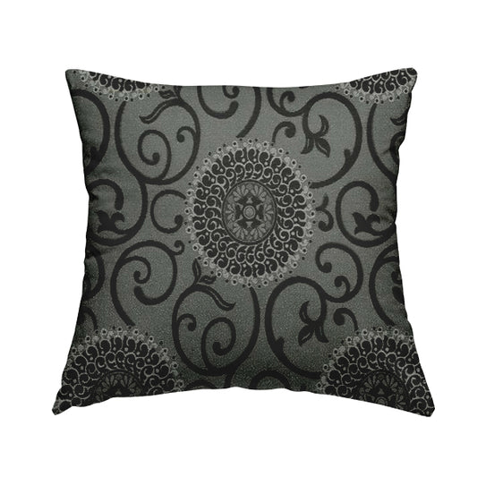 Anthozoa Collection Round Floral Shiny Finish Pattern In Black Upholstery Fabric CTR-157 - Handmade Cushions