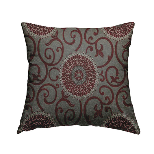 Anthozoa Collection Round Floral Shiny Finish Pattern In Burgundy Upholstery Fabric CTR-159 - Handmade Cushions