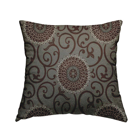 Anthozoa Collection Round Floral Shiny Finish Pattern In Brown Upholstery Fabric CTR-160 - Handmade Cushions