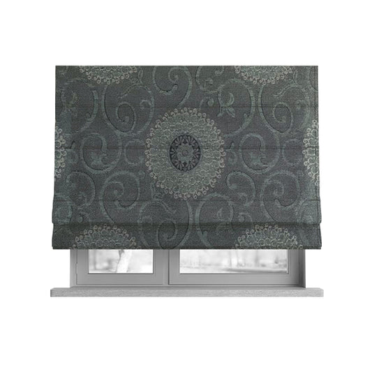 Anthozoa Collection Round Floral Shiny Finish Pattern In Grey Upholstery Fabric CTR-161 - Roman Blinds