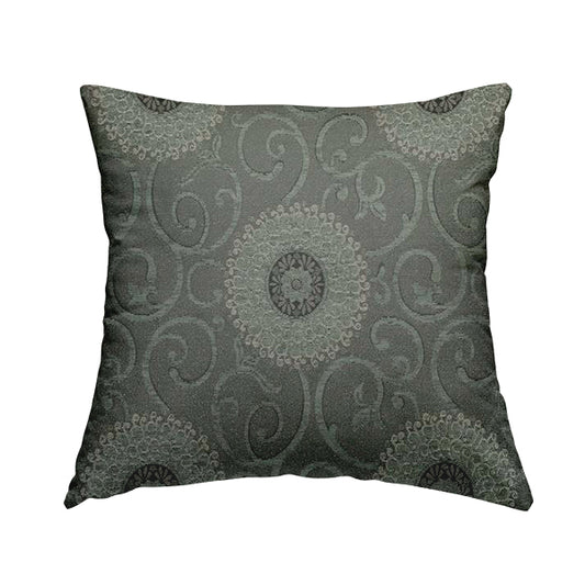 Anthozoa Collection Round Floral Shiny Finish Pattern In Grey Upholstery Fabric CTR-161 - Handmade Cushions