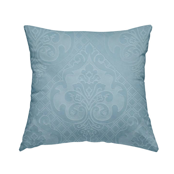 Alvaro Velveteen Embossed Damask Pattern Upholstery Curtains Fabric In Sky Blue Velvet Colour - Handmade Cushions