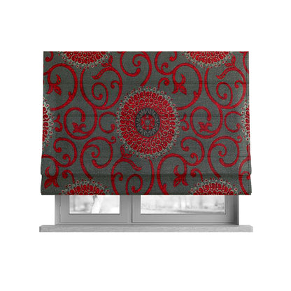 Anthozoa Collection Round Floral Shiny Finish Pattern In Red Upholstery Fabric CTR-164 - Roman Blinds