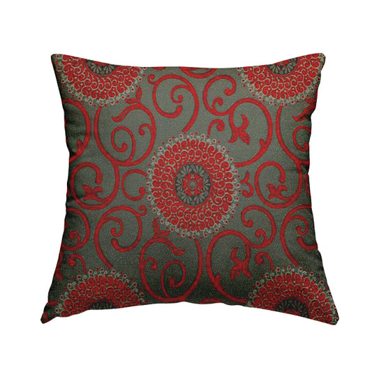 Anthozoa Collection Round Floral Shiny Finish Pattern In Red Upholstery Fabric CTR-164 - Handmade Cushions