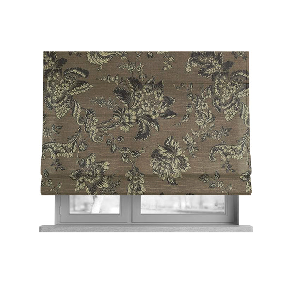 Mumbai Raised Textured Chenille Grey With Cream Colour Floral Pattern Upholstery Fabric CTR-184 - Roman Blinds