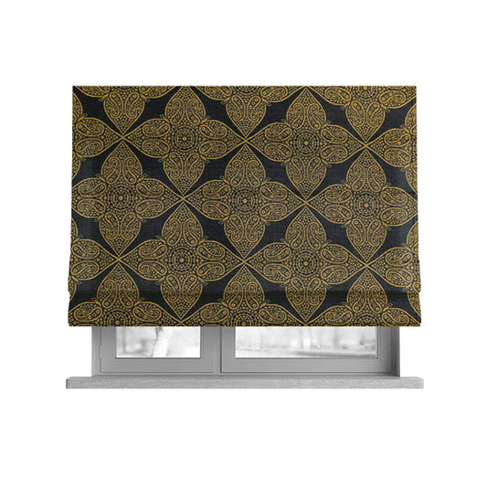 Zenith Collection In Smooth Chenille Finish Black With Gold Colour Medallion Pattern Upholstery Fabric CTR-185 - Roman Blinds
