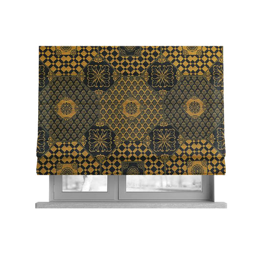 Zenith Collection In Smooth Chenille Finish Black With Gold Colour Patchwork Pattern Upholstery Fabric CTR-186 - Roman Blinds