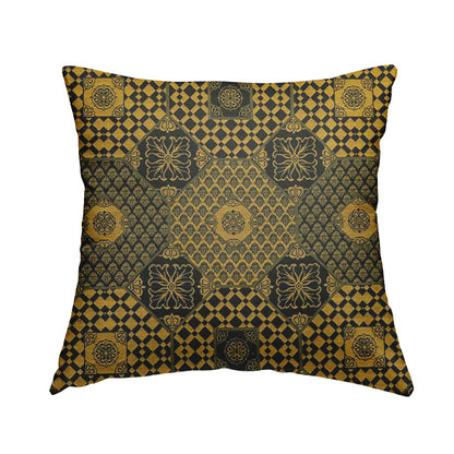 Zenith Collection In Smooth Chenille Finish Black With Gold Colour Patchwork Pattern Upholstery Fabric CTR-186 - Handmade Cushions