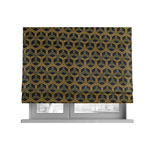 Zenith Collection In Smooth Chenille Finish Black With Gold Colour 3D Cube Geometric Pattern Upholstery Fabric CTR-187 - Roman Blinds