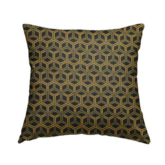 Zenith Collection In Smooth Chenille Finish Black With Gold Colour 3D Cube Geometric Pattern Upholstery Fabric CTR-187 - Handmade Cushions