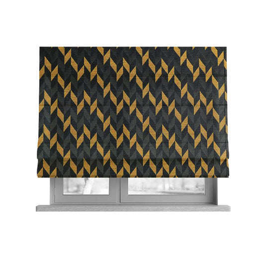Zenith Collection In Smooth Chenille Finish Black With Gold Colour Geometric Pattern Upholstery Fabric CTR-188 - Roman Blinds