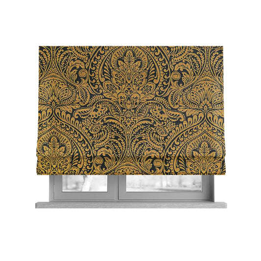 Zenith Collection In Smooth Chenille Finish Black With Gold Colour Damask Pattern Upholstery Fabric CTR-189 - Roman Blinds